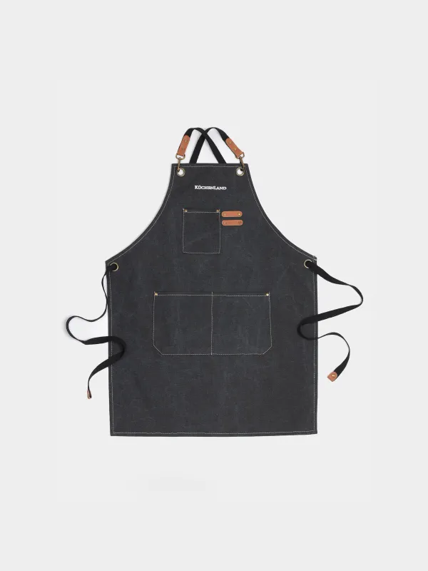 Алжапқыш, 58х78 см, қалталары бар, брезент / жасанды былғары, қара, барбекю, image-0