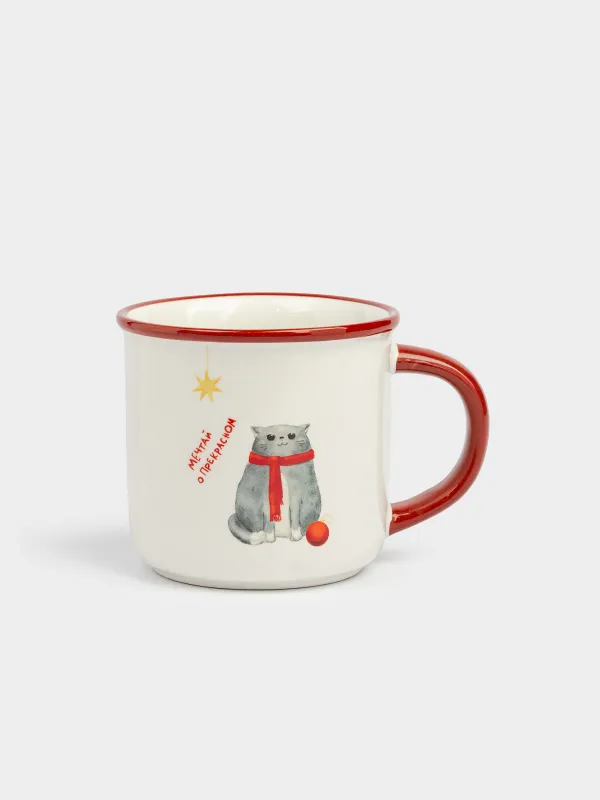 Саптыаяқ, 470 мл, керамика, ақ және қою қызыл, Шумақ жібі бар мысық, Winter friends, image-0