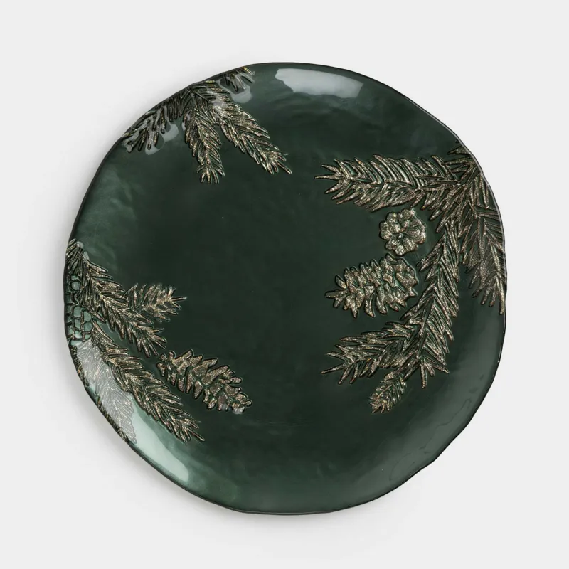Блюдо, 26х2 см, стекло, зеленое, Еловые ветки, Winter delice
