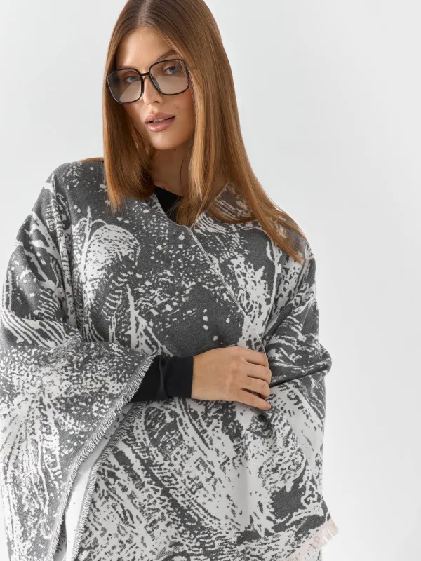 Пончо, 125х160 см, жиектері бар, екі жақты, полиэстер, сүт түстес сұр, Графикалық бақ, Poncho, image-6