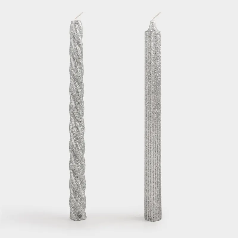 Свеча, 25 см, 2 шт, тонкая, с блестками, серебристая, Spiral shape