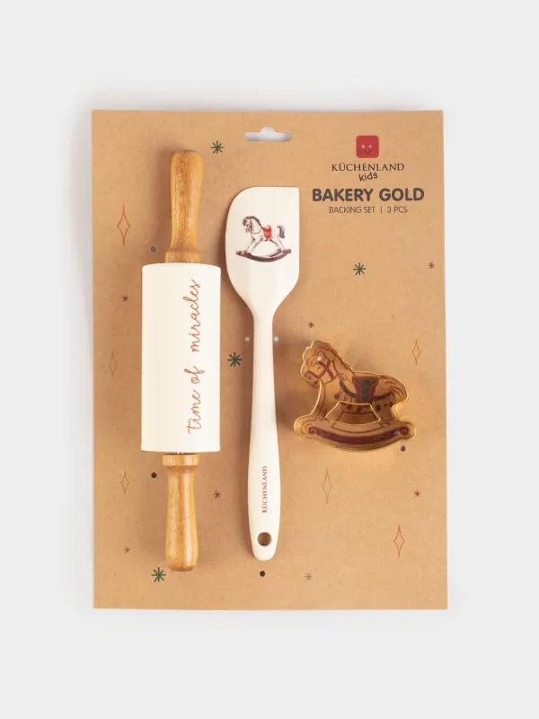 Набор для выпечки, 3 пр, скалка/лопатка/форма, силикон/дерево/сталь, Лошадка, Bakery gold, image-3