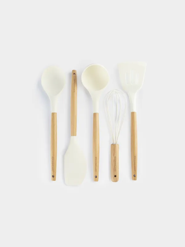 Ас үй керек-жарақтары жиынтығы, 5 зат, түпқоймада, ағаш/силикон, сүт түсті, Weekend, image-1