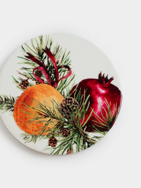 Подставка под кружку, 11 см, круглая, керамика/пробка, молочная, Гранаты и апельсины, Christmas miracle, image-3