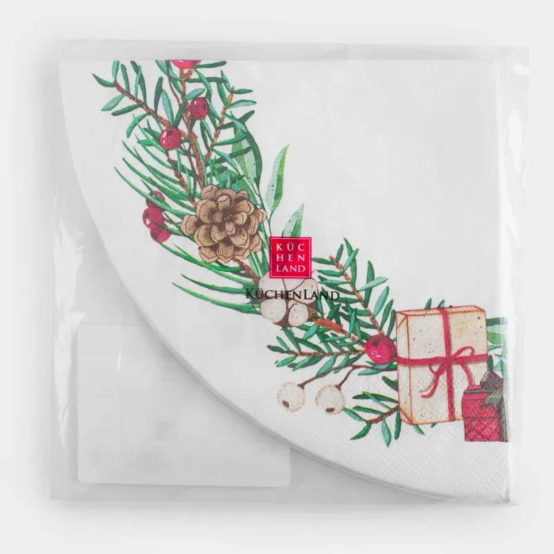 Салфетки бумажные, 33х33 см, 20 шт, круглые, белые, Шишки и ягоды на ветке, Christmas green, image-4