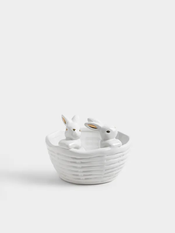 Кәмпит ыдысы, 14х12 см, 410 мл, керамика, сүт және алтын түстес, Себеттегі қояндар, Rabbit gold, image-0