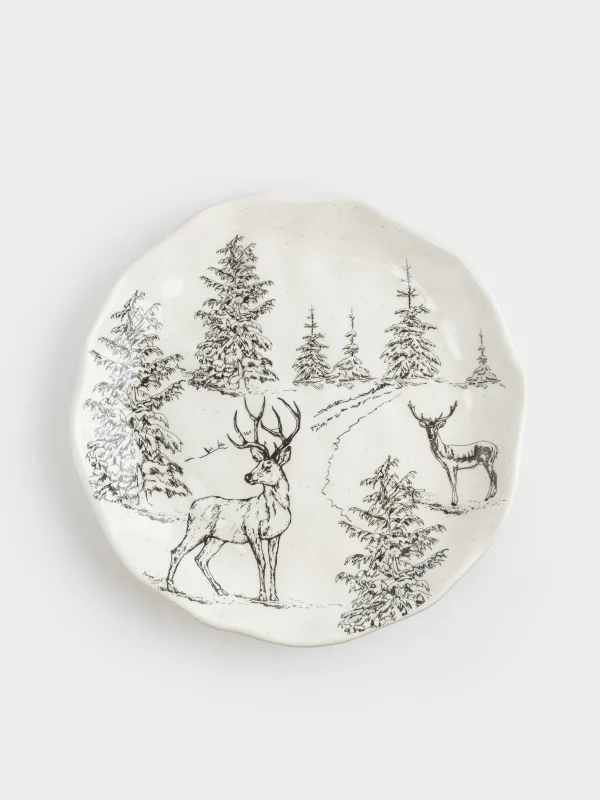 Тіскебасар тәрелкесі, 23 см, керамика, ақ, Ормандағы бұғы, Crumple print, image-0