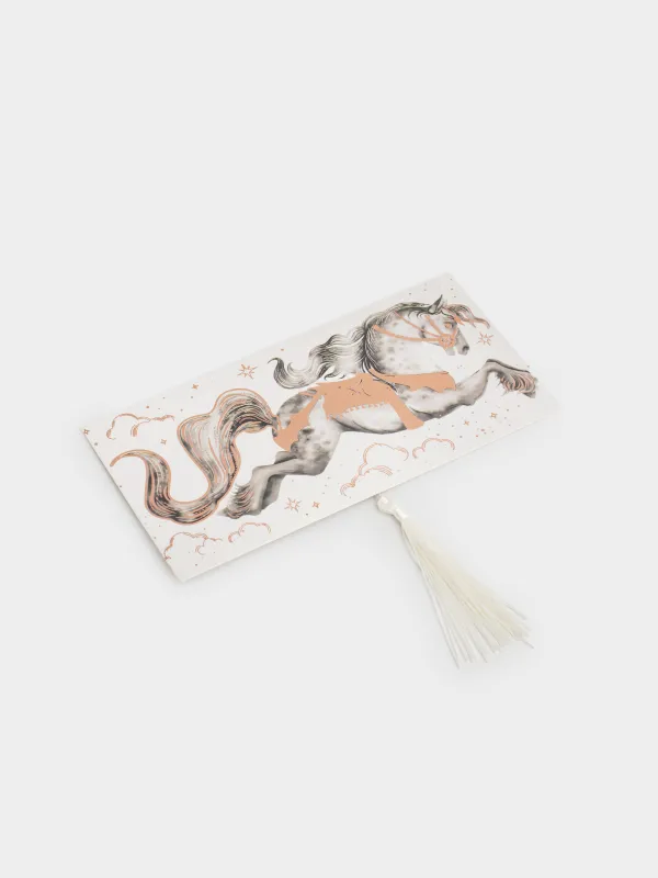Конверт подарочный, 17х9 см, с кисточкой, бумага, молочный/шампань, Лошадь, Horse gold, image-1