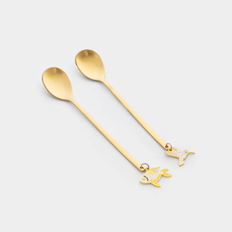 Ложка десертная, 14 см, 2 шт, сталь, золотистая, Птица/Рыбка, Goldfish