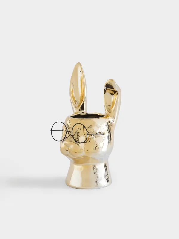 Гүл вазасы, 30 см, сәндік, фарфор P/металл, алтын түстес, Көзілдірік киген қоян, Rabbit gold, image-1