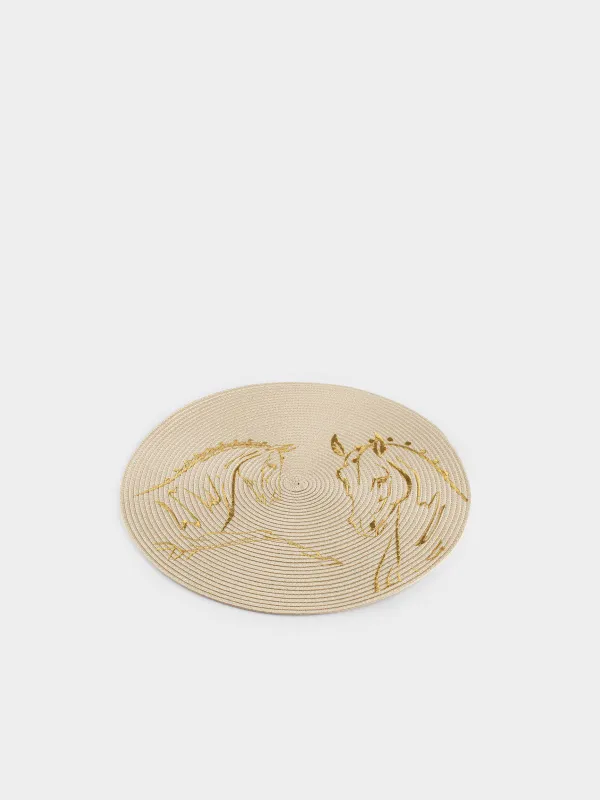 Салфетка под приборы, 38 см, полиэстер, круглая, молочная, Лошади, Circle embroidery, image-1