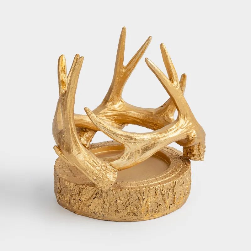 Шам ұстағыш, 12 см, цилиндрлік шамға арналған, полирезин, алтын, Бұғы мүйізі, Deer gold
