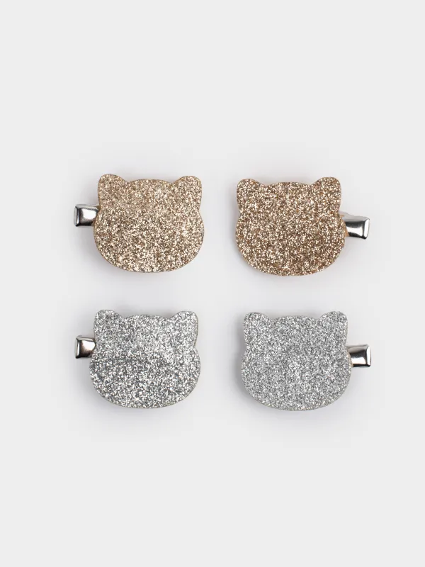 Шаш қыстырғыштар жинағы, 3 см, 4 дана, балаларға арналған, металл, күміс/шампан, Мысық, Cat, image-0