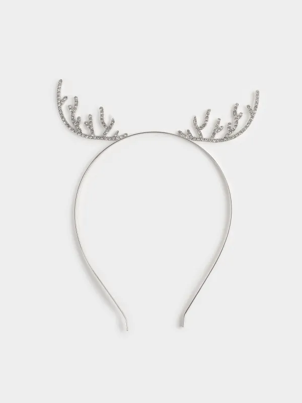 Карнавал тоғыншағы, 19х15 см, балаларға арналған, металл/страздар, күміс, Бұғы мүйізі, Sparkly deer, image-0