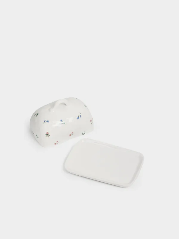 Сары май ыдысы, 16 см, керамика, тікбұрышты, сүт түстес, Нәзік гүлдер, El flora, image-2