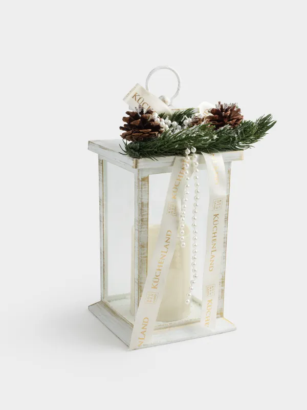 Светильник декоративный, 28 см, пластик, белый, Фонарь со свечой, White style, image-1