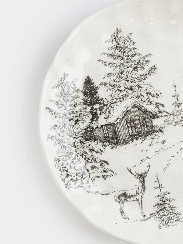 Тарелка обеденная, 28 см, керамика, белая, Олень у дома в лесу, Crumple print, image-3