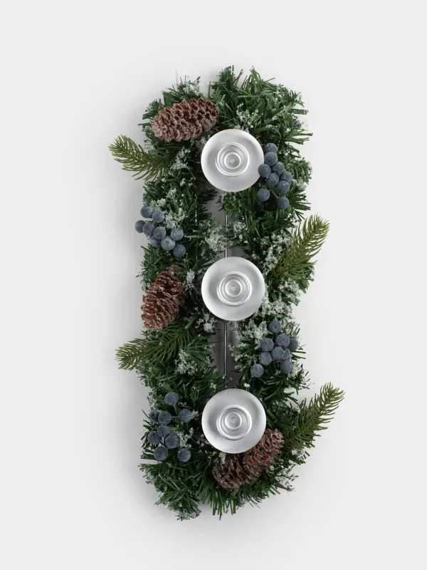 Подсвечник, 40 см, 3 тонкие свечи, ПВХ/металл, Синие ягоды и шишки, Snowy blue berry, image-3