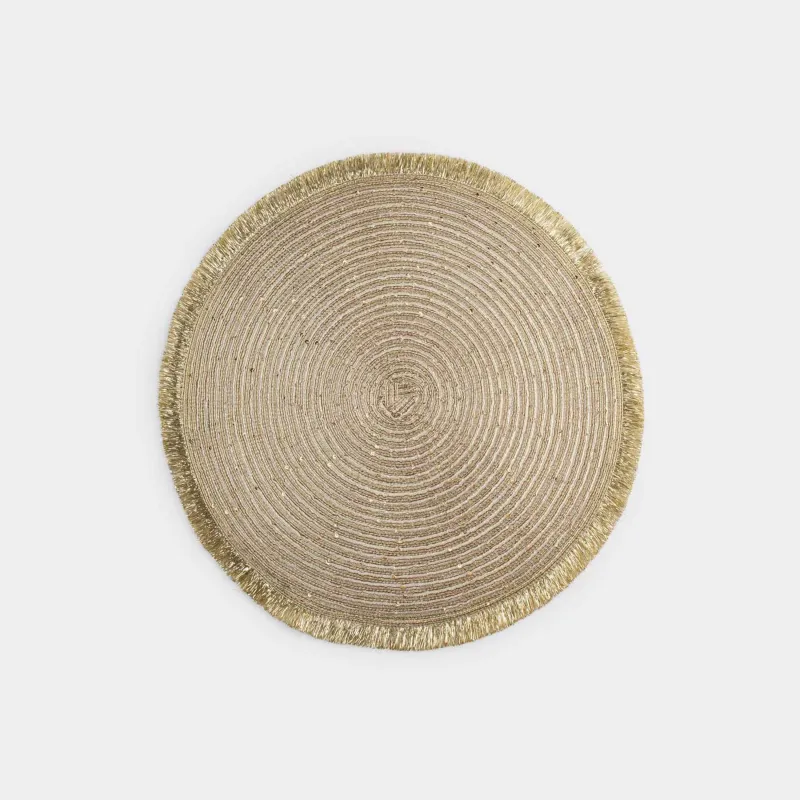 Салфетка под приборы, 38 см, с бахромой и пайетками, полиэстер, круглая, золотистая, Rotary shine