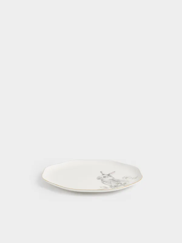 Түскі ас тәрелкесі, 28 см, фарфор F, ақ, алтын жиектері бар, Гүлдер арасындағы қоян, Easter, image-3