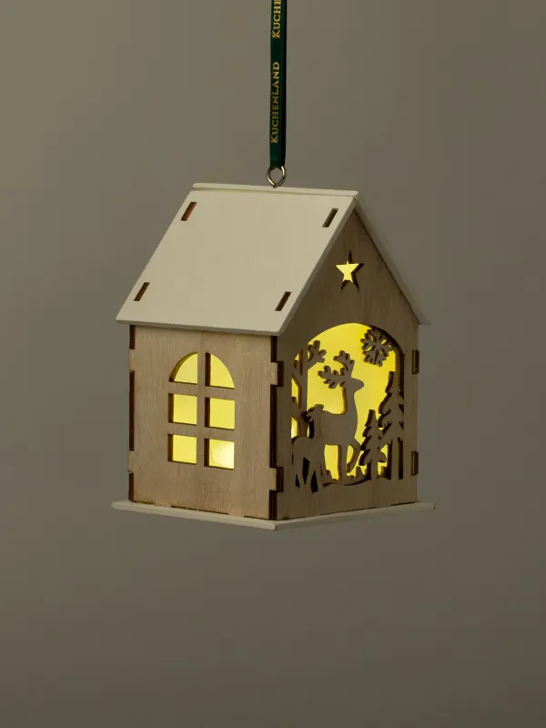 Игрушка елочная, 11 см, с подсветкой, МДФ, бежевая, Домик с оленями, Figure wood, image-0