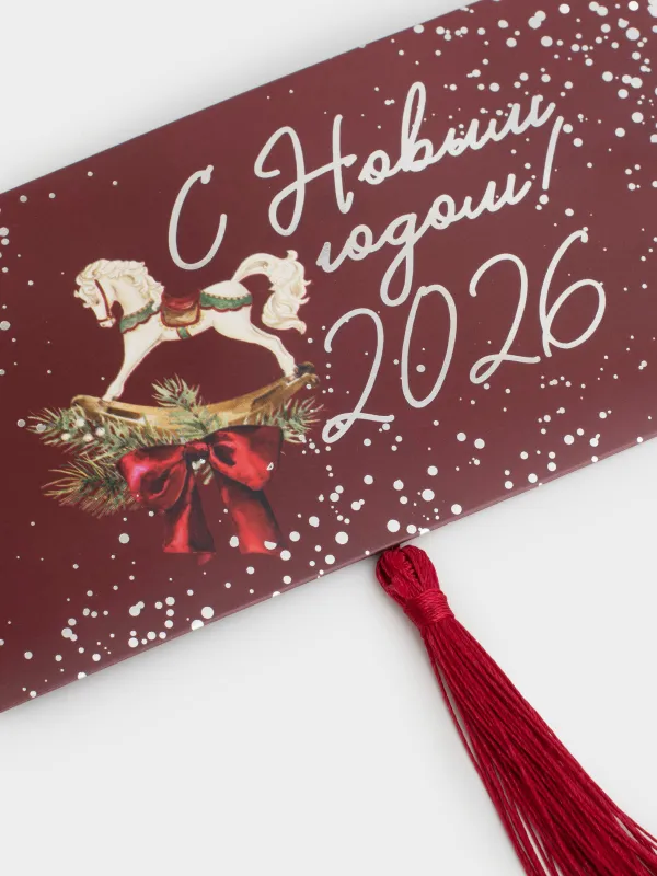 Сыйлық конверті, 17х9 см, қылқаламы бар, қағаз, қою қызыл, Тербелетін ат, Christmas, image-2