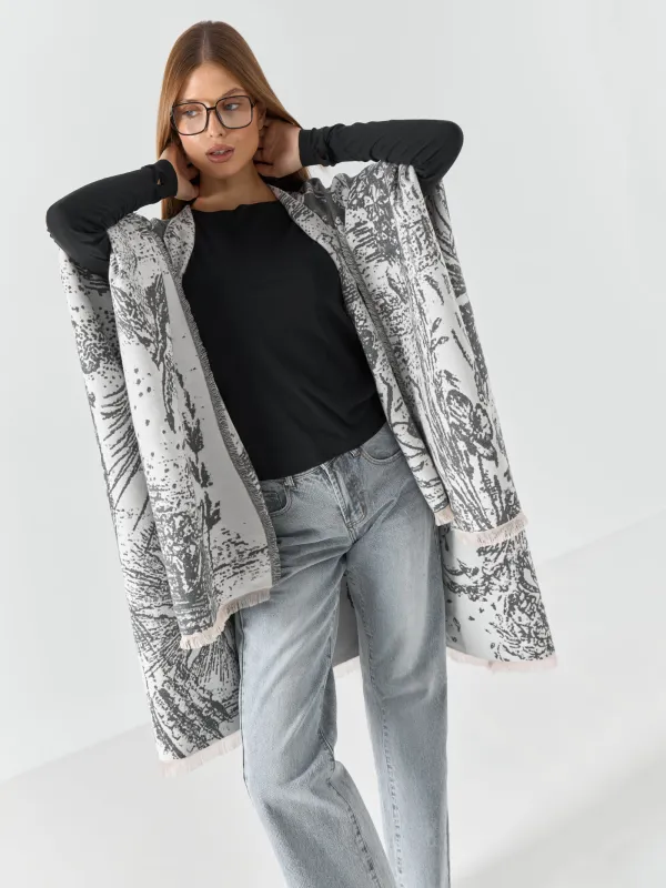 Пончо, 125х160 см, жиектері бар, екі жақты, полиэстер, сүт түстес сұр, Графикалық бақ, Poncho, image-4