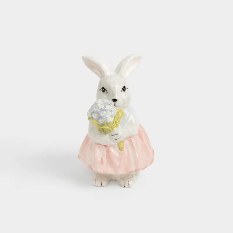 Мүсінше, 21 см, керамика, сұр, Көйлек киген және Гүлдері бар қоян, Easter