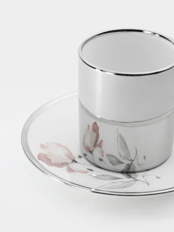 Кофе жұбы, 1 адам, 2 зат, 90 мл, фарфор N, ақ және күміс, Гүл, Flower silver, image-1