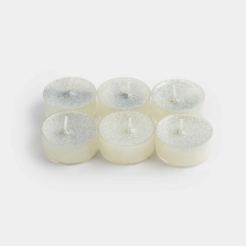 Свеча чайная, 4 см, 6 шт, с блестками, серебристая, Metallic glow