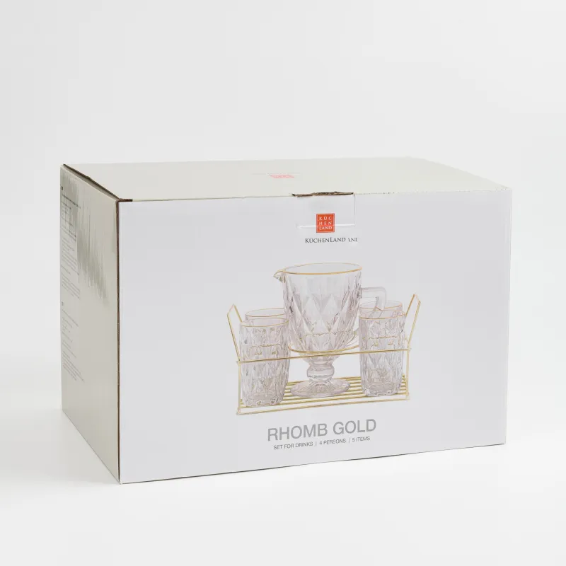 Сусын жинағы, 4 парсы, 5 пр, стендте, Шыны Р / металл, алтын, Rhomb gold, image-9