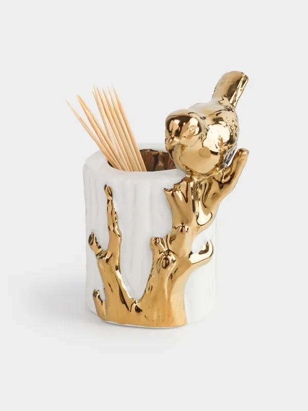 Тіс шұқығыш тұғыры, 8 см, керамика, сүт алтын түстес, Бұтақтағы құс, Paradise garden, image-3