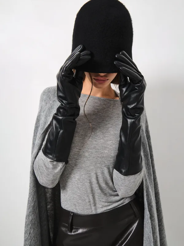 Перчатки женские, длинные, единый размер, искусственная кожа, черные, Brigida, image-4