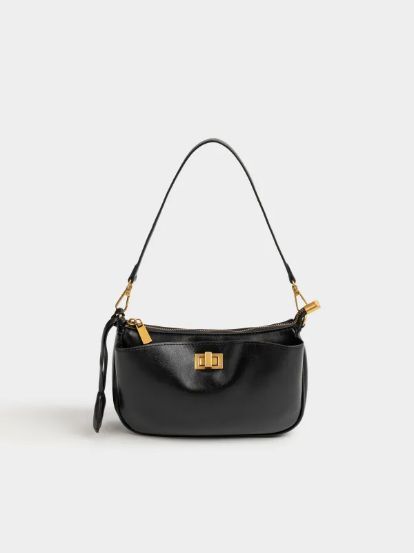 Сумка женская, 23х13 см, с ручкой и плечевым ремнем, с брелоком, полиуретан, черная, Force, image-0