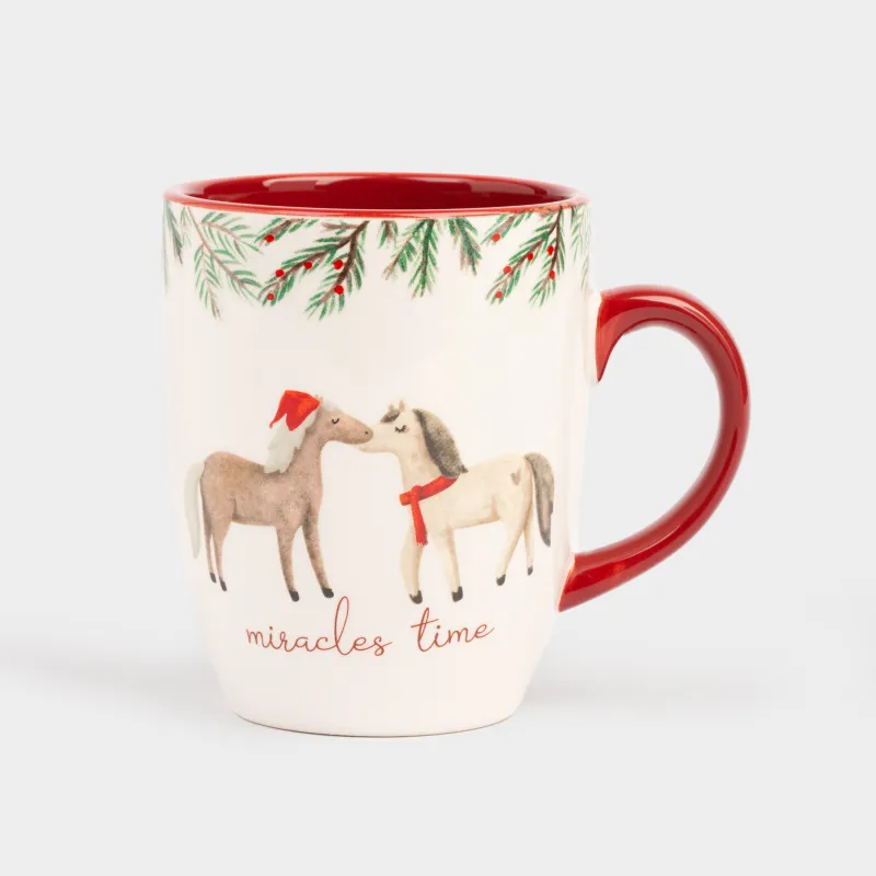 Саптыаяқ, 330 мл, керамика, ақ және қою қызыл, Жылқылар сүйіп жатыр, Horse christmas