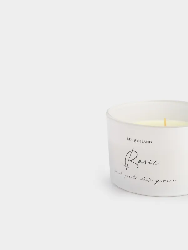 Хош иісті шам, 13 см, үш фитиль, шам ұстағышта, қақпағы бар, шыны, тәтті бұршақ және Ақ Жасмин, негізгі, image-4