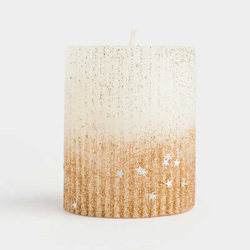 Свеча, 8 см, цилиндрическая, с блестками, молочно-золотистая, Ribbed candle, image-3