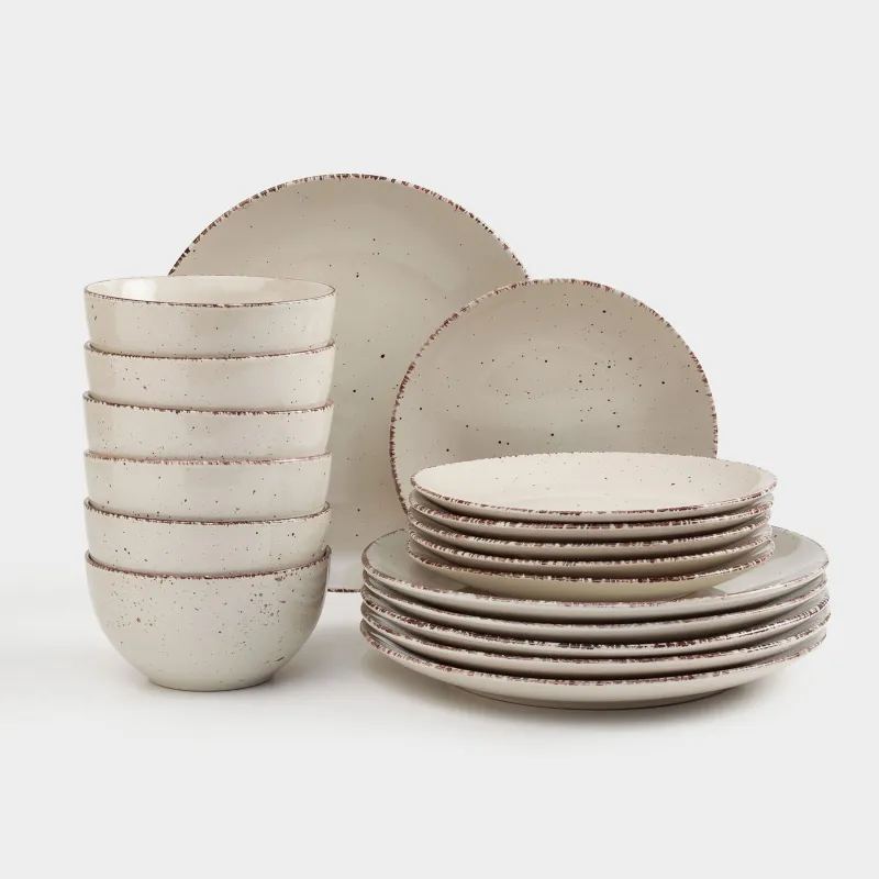 Түскі ас жиынтығы, 6 тұлға, 18 зат, керамика, сарғылт, дақ, Speckled