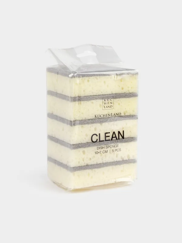 Ыдыс жууға арналған Губка, 10х7 см, 5 дана, көбік/абразивті, тікбұрышты, сарғылт қоңыр-сұр, Clean, image-5