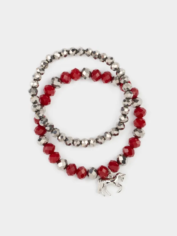 Набор браслетов, 18 см, 2 шт, стекло/металл, серебристо-красный, Лошадь, Pearl color, image-0