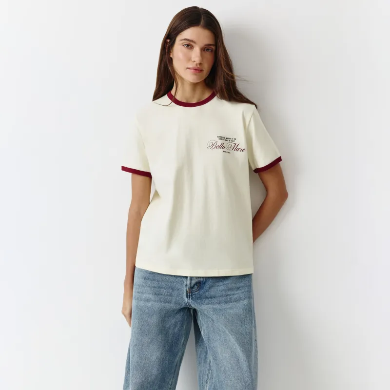 Әйелдер футболкасы, өлшемі L, контрасты жиегі бар, мақта/эластан, сүт түстес, Isidora