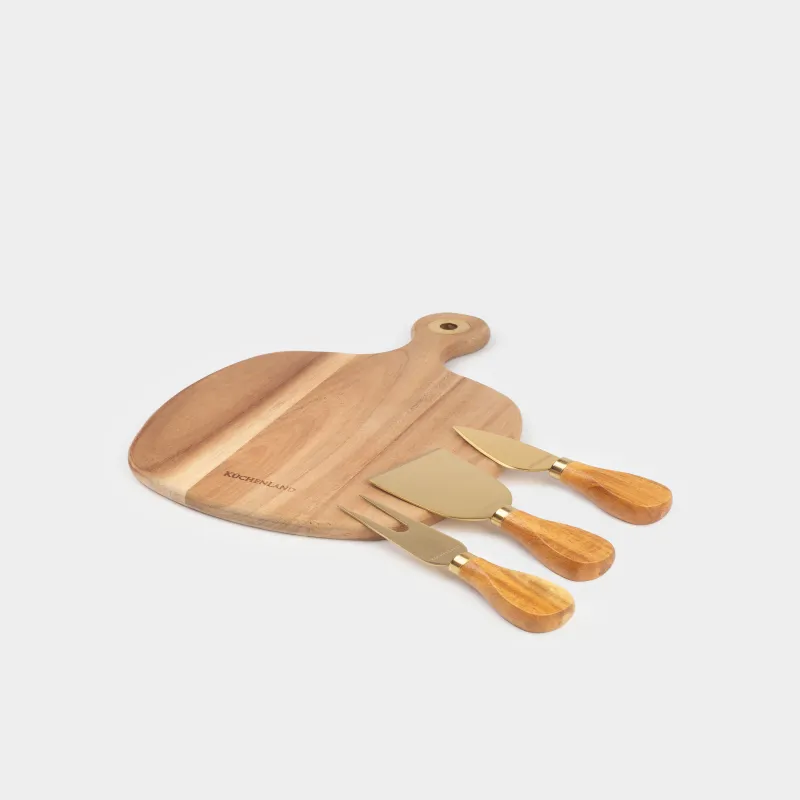 Ірімшік жиынтығы, 4 зат, тақтай-тұтқасы бар ыдыс, болат/ағаш, алтын, Cheese gold