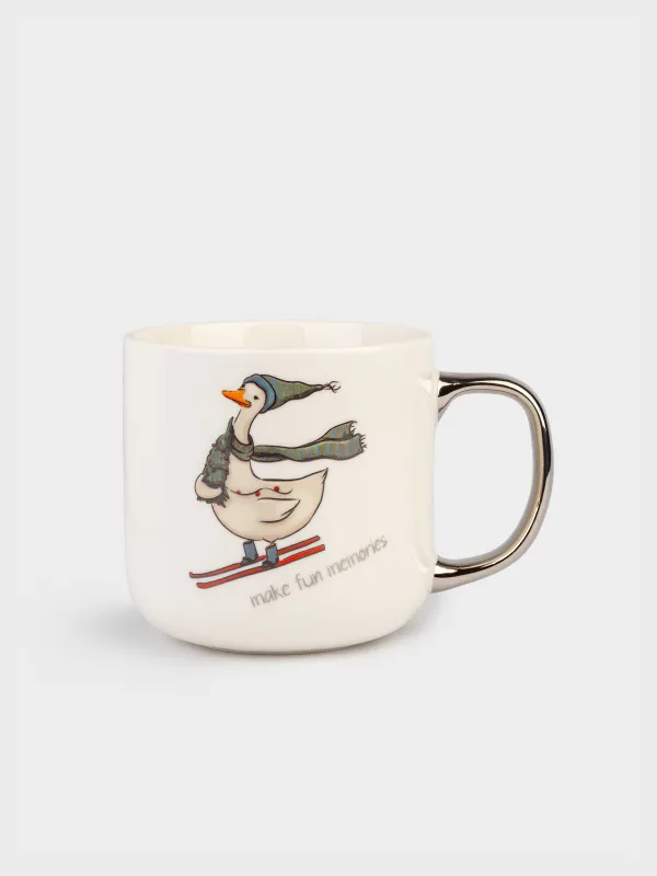 Кружка, 400 мл, фарфор N, бело-серебристая, Гусь на лыжах, Goose, image-0