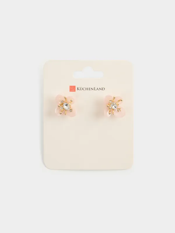 Серьги-пусеты, 3 см, 2 шт, металл/циркон/акрил, розовые, Цветок, Jewelry flower, image-3