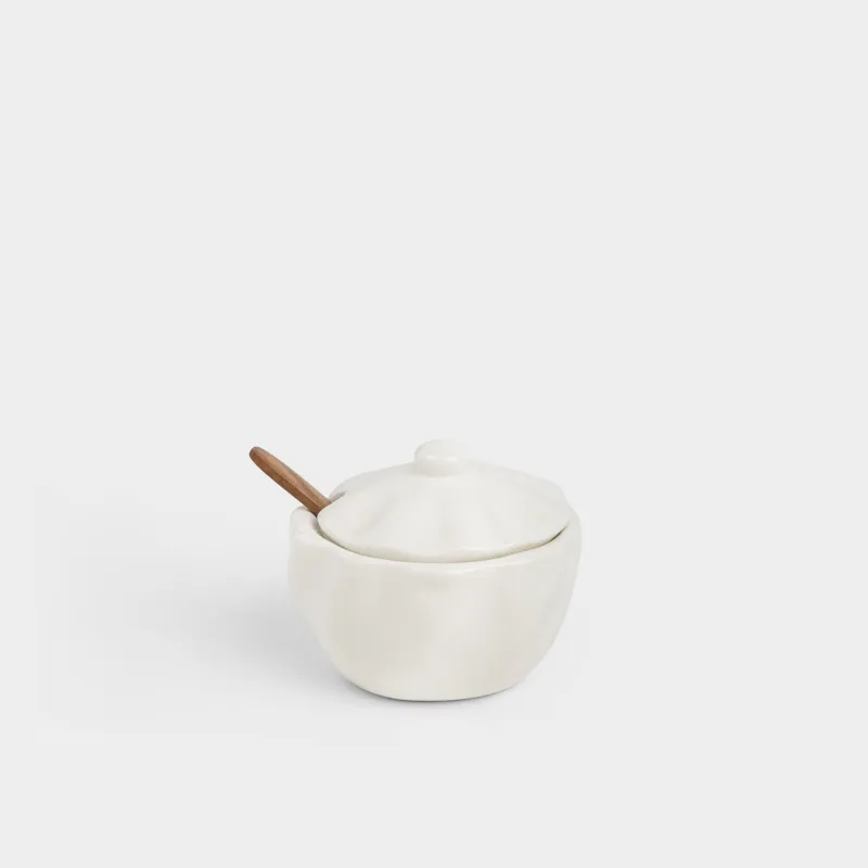 Қант ыдысы, 9 см, 290 мл, қасығы бар, керамика/бамбук, сүт түстес, Толқынды жиек, Crumple