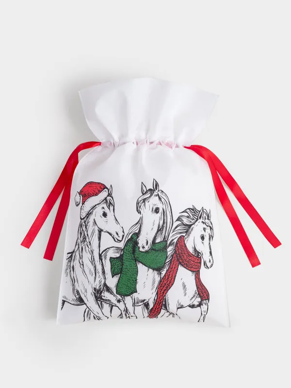 Мешок подарочный, 40х56 см, с завязками, полипропилен, белый, Лошади в шарфах, Horse trio, image-3