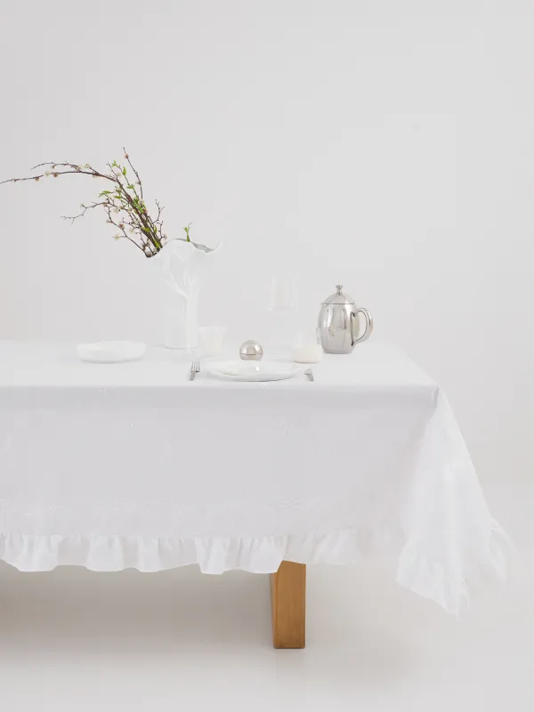 Скатерть, 170х250 см, полиэстер, с рюшами, белая, Цветочные ветви, Wavy branches, image-0