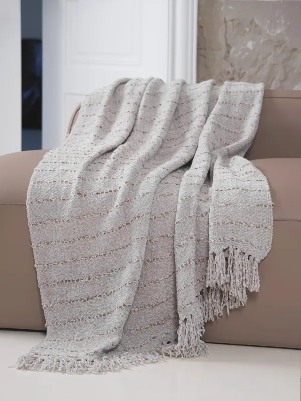 Көрпе, 130x170 см, шашақты, шенил, бежевый түсті, Жолақты, Chenill, image-2