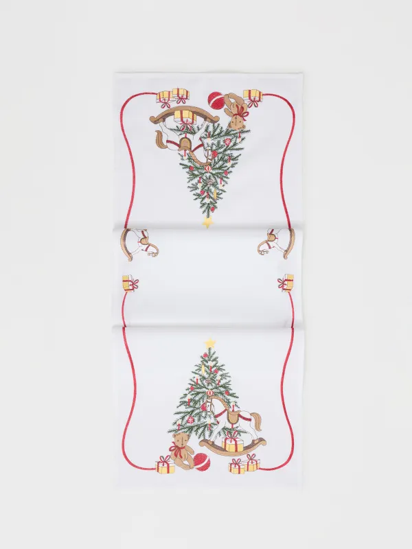 Үстел төсеніші, 40х160 см, полиэстер, ақ, Шырша мен жылқылар, Holiday horse, image-0