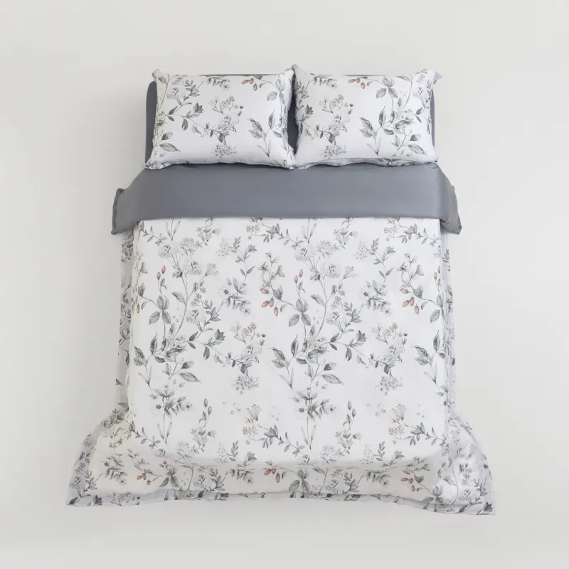 КПБ евро, тенсель 300 ТС, бело-серый, Цветы и ягоды, Tencel